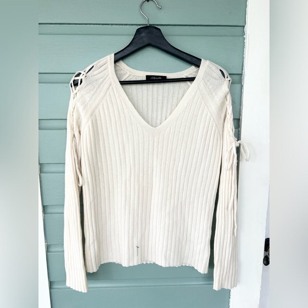 Christopher Fischer 100% cashmere sweater cream ribbed lace up arms neutral fall